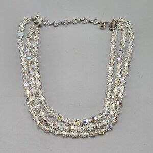 3-Strand Clear Crystal Necklace Aurora Borealis Vintage Costume